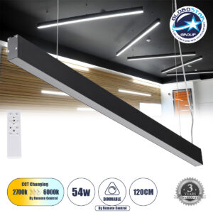 GloboStar® FELIX 61028-P Γραμμικό Κρεμαστό Φωτιστικό Linear LED CCT 54W 6500lm 120° AC 220-240V Μ120 x Π3.5 x Υ7cm – Εναλλαγή Φωτισμού μέσω Τηλεχειριστηρίου All In One Ψυχρό 6000k+Φυσικό 4500k+Θερμό 2700k Dimmable – Μαύρο – 3 Years Warranty