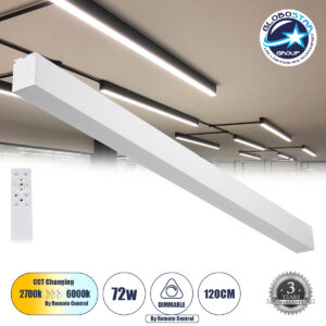 GloboStar® ORION 61031-S Γραμμικό Φωτιστικό Οροφής Linear LED CCT 72W 8600lm 120° AC 220-240V Μ120 x Π5.5 x Υ7cm – Εναλλαγή Φωτισμού μέσω Τηλεχειριστηρίου All In One Ψυχρό 6000k+Φυσικό 4500k+Θερμό 2700k Dimmable – Λευκό – 3 Years Warranty