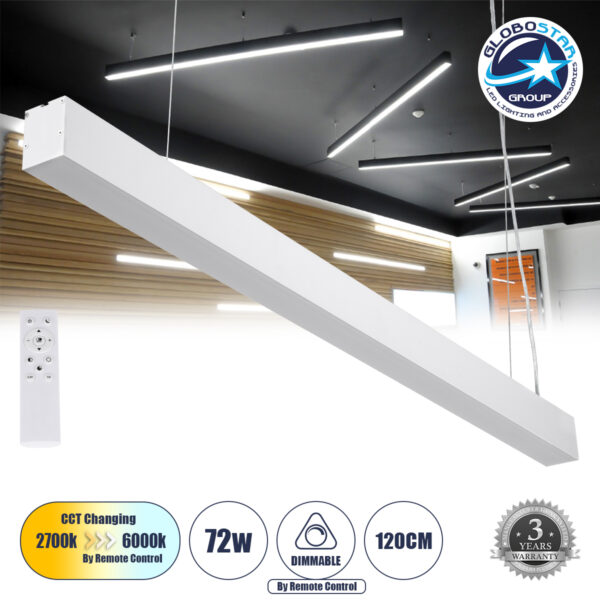 GloboStar® ORION 61031-P Γραμμικό Κρεμαστό Φωτιστικό Linear LED CCT 72W 8600lm 120° AC 220-240V Μ120 x Π5.5 x Υ7cm – Εναλλαγή Φωτισμού μέσω Τηλεχειριστηρίου All In One Ψυχρό 6000k+Φυσικό 4500k+Θερμό 2700k Dimmable – Λευκό – 3 Years Warranty