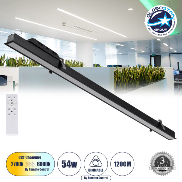 GloboStar® LUCA 61032 Γραμμικό Χωνευτό Φωτιστικό Linear LED CCT 54W 6500lm 120° AC 220-240V Μ121.5 x Π5 x Υ4cm – Εναλλαγή Φωτισμού μέσω Τηλεχειριστηρίου All In One Ψυχρό 6000k+Φυσικό 4500k+Θερμό 2700k Dimmable – Μαύρο – 3 Years Warranty
