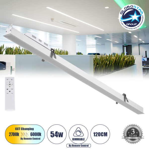 GloboStar® LUCA 61033 Γραμμικό Χωνευτό Φωτιστικό Linear LED CCT 54W 6500lm 120° AC 220-240V Μ121.5 x Π5 x Υ4cm – Εναλλαγή Φωτισμού μέσω Τηλεχειριστηρίου All In One Ψυχρό 6000k+Φυσικό 4500k+Θερμό 2700k Dimmable – Λευκό – 3 Years Warranty