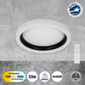 GloboStar® ARIANA 61034 Πλαφονιέρα Οροφής Κύκλος LED CCT 55W 6376lm 120° AC 220-240V – Εναλλαγή Φωτισμού μέσω Τηλεχειριστηρίου All In One Ψυχρό Λευκό 6000k+Φυσικό Λευκό 4500k+Θερμό Λευκό 2700k Dimmable Φ48cm – Μαύρο – 3 Years Warranty