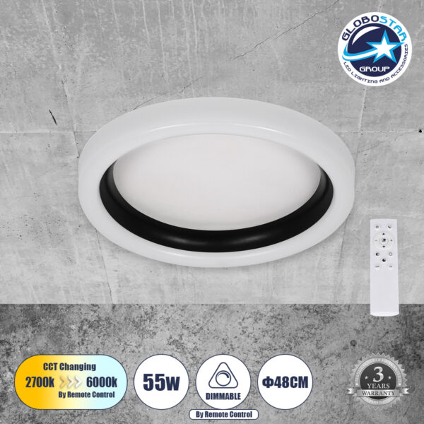 GloboStar® ARIANA 61034 Πλαφονιέρα Οροφής Κύκλος LED CCT 55W 6376lm 120° AC 220-240V – Εναλλαγή Φωτισμού μέσω Τηλεχειριστηρίου All In One Ψυχρό Λευκό 6000k+Φυσικό Λευκό 4500k+Θερμό Λευκό 2700k Dimmable Φ48cm – Μαύρο – 3 Years Warranty