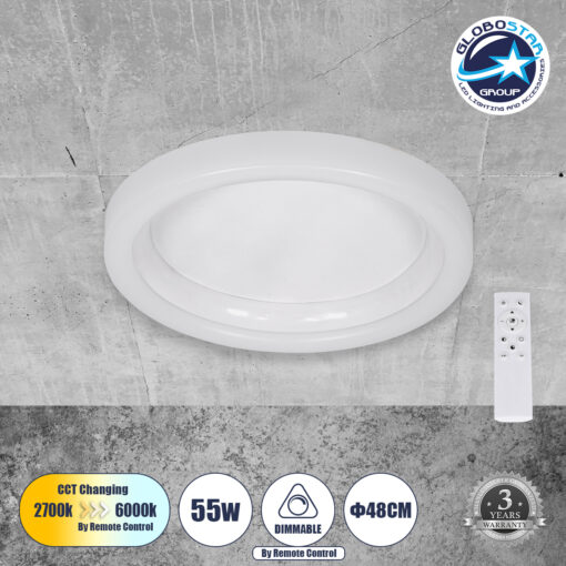 GloboStar® ARIANA 61035 Πλαφονιέρα Οροφής Κύκλος LED CCT 55W 6376lm 120° AC 220-240V – Εναλλαγή Φωτισμού μέσω Τηλεχειριστηρίου All In One Ψυχρό Λευκό 6000k+Φυσικό Λευκό 4500k+Θερμό Λευκό 2700k Dimmable Φ48cm – Λευκό – 3 Years Warranty