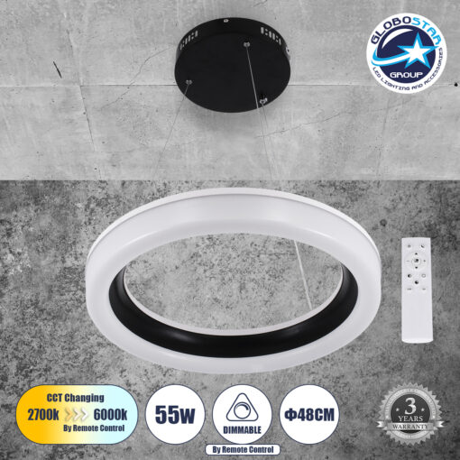 GloboStar® ARIANA 61037 Κρεμαστή Πλαφονιέρα Οροφής Κύκλος LED CCT 55W 6376lm 120° AC 220-240V – Εναλλαγή Φωτισμού μέσω Τηλεχειριστηρίου All In One Ψυχρό Λευκό 6000k+Φυσικό Λευκό 4500k+Θερμό Λευκό 2700k Dimmable Φ48cm – Μαύρο – 3 Years Warranty