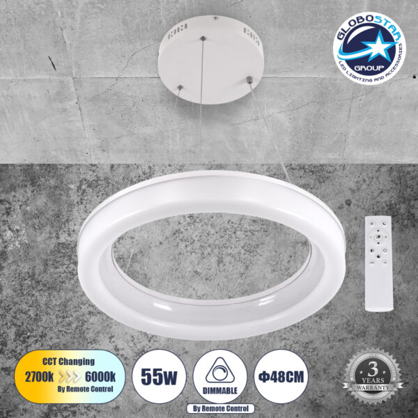 GloboStar® ARIANA 61038 Κρεμαστή Πλαφονιέρα Οροφής Κύκλος LED CCT 55W 6376lm 120° AC 220-240V – Εναλλαγή Φωτισμού μέσω Τηλεχειριστηρίου All In One Ψυχρό Λευκό 6000k+Φυσικό Λευκό 4500k+Θερμό Λευκό 2700k Dimmable Φ48cm – Λευκό – 3 Years Warranty