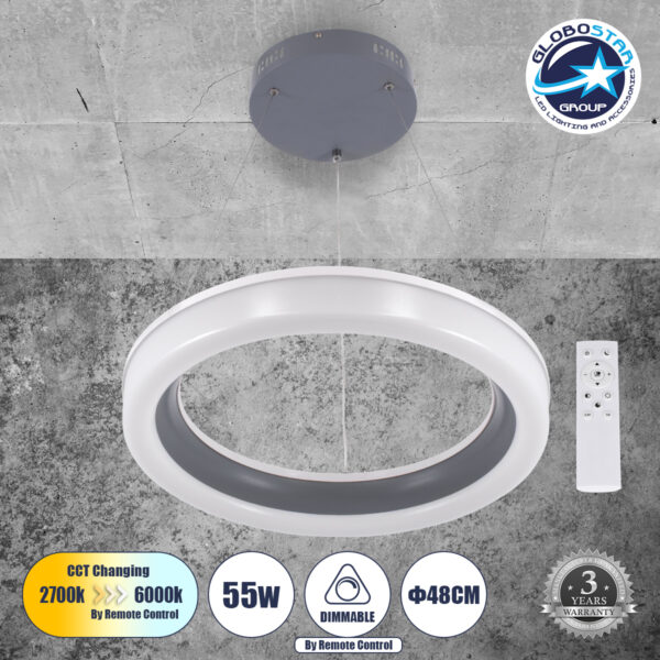 GloboStar® ARIANA 61039 Κρεμαστή Πλαφονιέρα Οροφής Κύκλος LED CCT 55W 6376lm 120° AC 220-240V – Εναλλαγή Φωτισμού μέσω Τηλεχειριστηρίου All In One Ψυχρό Λευκό 6000k+Φυσικό Λευκό 4500k+Θερμό Λευκό 2700k Dimmable Φ48cm – Ανθρακί – 3 Years Warrant