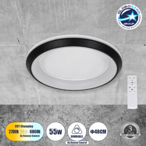 GloboStar® MELINA 61040 Πλαφονιέρα Οροφής Κύκλος LED CCT 55W 6376lm 120° AC 220-240V – Εναλλαγή Φωτισμού μέσω Τηλεχειριστηρίου All In One Ψυχρό Λευκό 6000k+Φυσικό Λευκό 4500k+Θερμό Λευκό 2700k Dimmable Φ48cm – Μαύρο – 3 Years Warranty