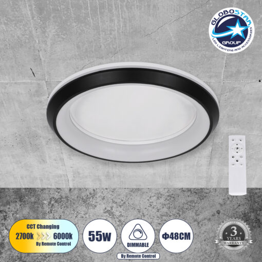 GloboStar® MELINA 61040 Πλαφονιέρα Οροφής Κύκλος LED CCT 55W 6376lm 120° AC 220-240V – Εναλλαγή Φωτισμού μέσω Τηλεχειριστηρίου All In One Ψυχρό Λευκό 6000k+Φυσικό Λευκό 4500k+Θερμό Λευκό 2700k Dimmable Φ48cm – Μαύρο – 3 Years Warranty
