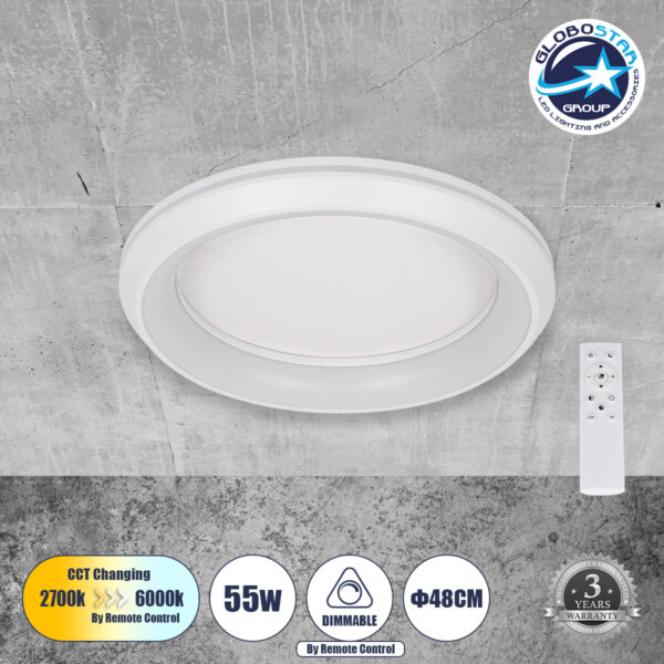 GloboStar® MELINA 61041 Πλαφονιέρα Οροφής Κύκλος LED CCT 55W 6376lm 120° AC 220-240V – Εναλλαγή Φωτισμού μέσω Τηλεχειριστηρίου All In One Ψυχρό Λευκό 6000k+Φυσικό Λευκό 4500k+Θερμό Λευκό 2700k Dimmable Φ48cm – Λευκό – 3 Years Warranty