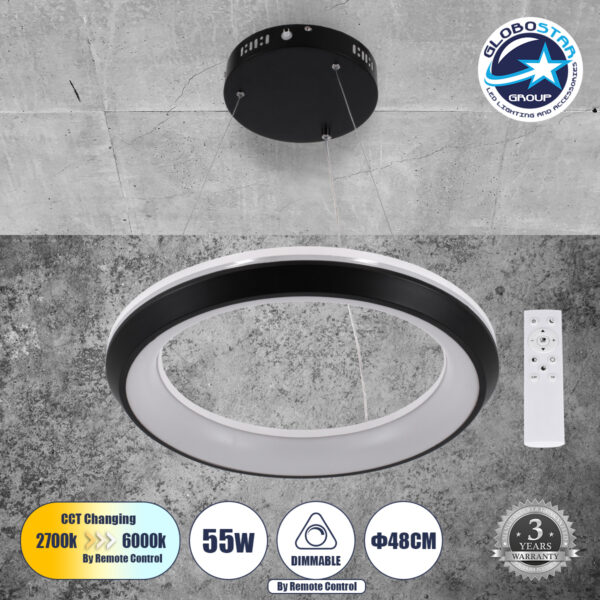 GloboStar® MELINA 61043 Κρεμαστή Πλαφονιέρα Οροφής Κύκλος LED CCT 55W 6376lm 120° AC 220-240V – Εναλλαγή Φωτισμού μέσω Τηλεχειριστηρίου All In One Ψυχρό Λευκό 6000k+Φυσικό Λευκό 4500k+Θερμό Λευκό 2700k Dimmable Φ48cm – Μαύρο – 3 Years Warranty