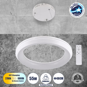 GloboStar® MELINA 61044 Κρεμαστή Πλαφονιέρα Οροφής Κύκλος LED CCT 55W 6376lm 120° AC 220-240V – Εναλλαγή Φωτισμού μέσω Τηλεχειριστηρίου All In One Ψυχρό Λευκό 6000k+Φυσικό Λευκό 4500k+Θερμό Λευκό 2700k Dimmable Φ48cm – Λευκό – 3 Years Warranty