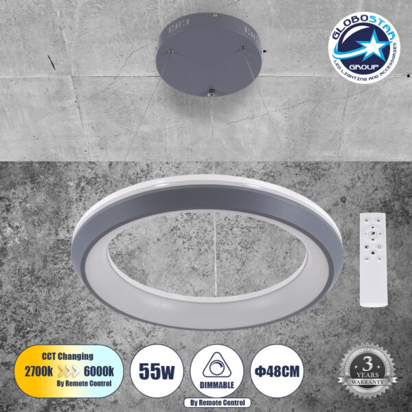 GloboStar® MELINA 61045 Κρεμαστή Πλαφονιέρα Οροφής Κύκλος LED CCT 55W 6376lm 120° AC 220-240V – Εναλλαγή Φωτισμού μέσω Τηλεχειριστηρίου All In One Ψυχρό Λευκό 6000k+Φυσικό Λευκό 4500k+Θερμό Λευκό 2700k Dimmable Φ48cm – Ανθρακί – 3 Years Warranty