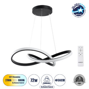 GloboStar® DEXTER 61049 Κρεμαστό Φωτιστικό Οροφής Design LED CCT 72W 8064lm 300° AC 220-240V – Εναλλαγή Φωτισμού μέσω Τηλεχειριστηρίου All In One Ψυχρό 6000k+Φυσικό 4500k+Θερμό 2700k Dimmable Φ56cm – Μαύρο – 3 Years Warranty