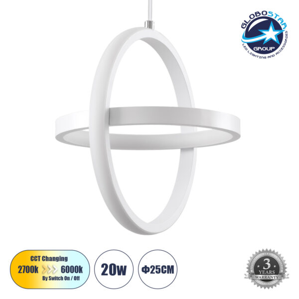 GloboStar® ALICE 61056 Κρεμαστό Φωτιστικό Οροφής Design LED CCT 20W 2400lm 300° AC 220-240V – Εναλλαγή Φωτισμού μέσω Διακόπτη On/Off All In One Ψυχρό 6000k+Φυσικό 4500k+Θερμό 2700k Μ25 x Π22 x Υ25cm – Λευκό