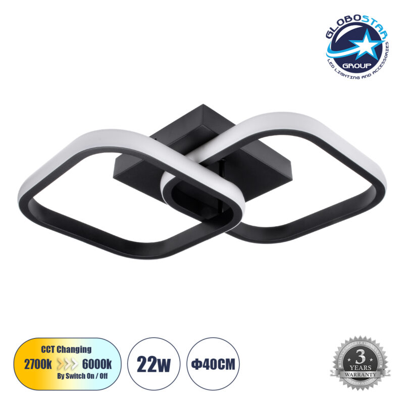 GloboStar® NORA 61061 Φωτιστικό Οροφής Design LED CCT 22W 2640lm 300° AC 220-240V – Εναλλαγή Φωτισμού μέσω Διακόπτη On/Off All In One Ψυχρό 6000k+Φυσικό 4500k+Θερμό 2700k Μ40 x Π24 x Υ7cm – Μαύρο