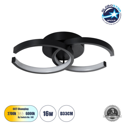 GloboStar® EVA 61067 Φωτιστικό Οροφής Design LED CCT 16W 1920lm 300° AC 220-240V – Εναλλαγή Φωτισμού μέσω Διακόπτη On/Off All In One Ψυχρό 6000k+Φυσικό 4500k+Θερμό 2700k Μ33 x Π21 x Υ7cm – Μαύρο