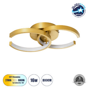 GloboStar® EVA 61069 Φωτιστικό Οροφής Design LED CCT 16W 1920lm 300° AC 220-240V – Εναλλαγή Φωτισμού μέσω Διακόπτη On/Off All In One Ψυχρό 6000k+Φυσικό 4500k+Θερμό 2700k Μ33 x Π21 x Υ7cm – Χρυσό Βούρτσας