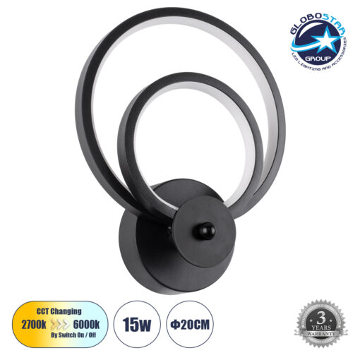 GloboStar® FREDDIE 61076 Φωτιστικό Τοίχου – Απλίκα Design LED CCT 15W 1800lm 300° AC 220-240V – Εναλλαγή Φωτισμού μέσω Διακόπτη On/Off All In One Ψυχρό 6000k+Φυσικό 4500k+Θερμό 2700k Μ20 x Π7.5 x Υ25cm – Μαύρο