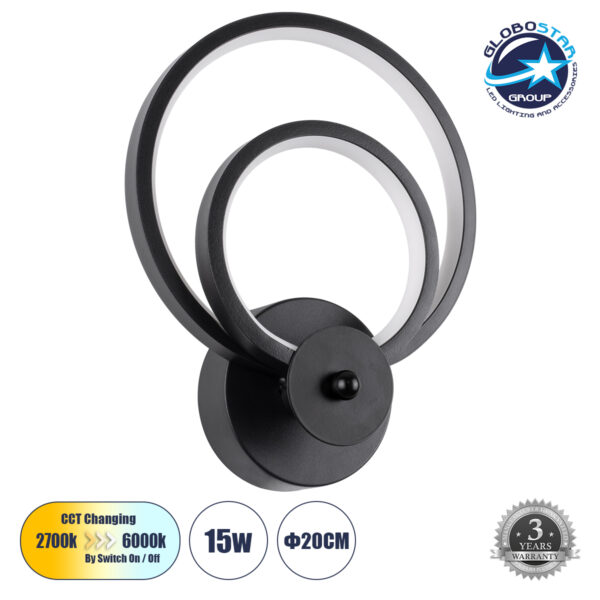 GloboStar® FREDDIE 61076 Φωτιστικό Τοίχου – Απλίκα Design LED CCT 15W 1800lm 300° AC 220-240V – Εναλλαγή Φωτισμού μέσω Διακόπτη On/Off All In One Ψυχρό 6000k+Φυσικό 4500k+Θερμό 2700k Μ20 x Π7.5 x Υ25cm – Μαύρο