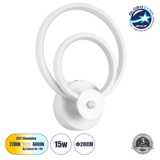 GloboStar® FREDDIE 61077 Φωτιστικό Τοίχου – Απλίκα Design LED CCT 15W 1800lm 300° AC 220-240V – Εναλλαγή Φωτισμού μέσω Διακόπτη On/Off All In One Ψυχρό 6000k+Φυσικό 4500k+Θερμό 2700k Μ20 x Π7.5 x Υ25cm – Λευκό