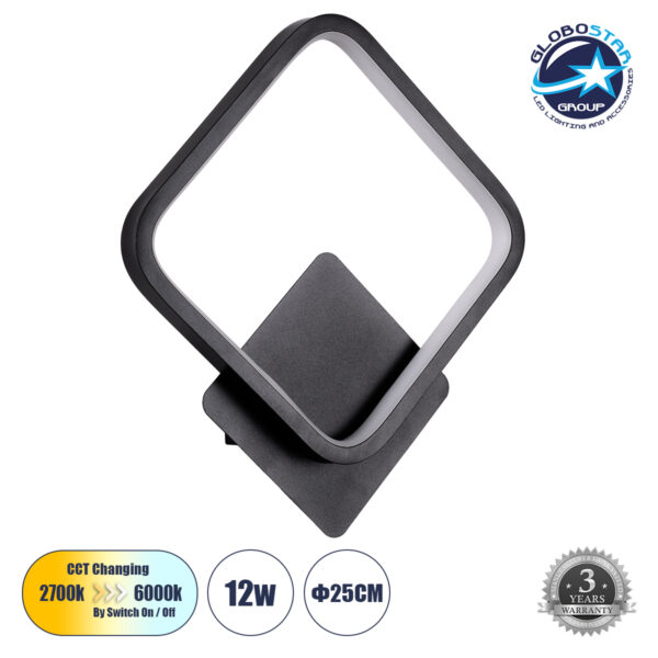 GloboStar® LENA 61079 Φωτιστικό Τοίχου – Απλίκα Design LED CCT 12W 1440lm 300° AC 220-240V – Εναλλαγή Φωτισμού μέσω Διακόπτη On/Off All In One Ψυχρό 6000k+Φυσικό 4500k+Θερμό 2700k Μ25 x Π5.5 x Υ29.5cm – Μαύρο