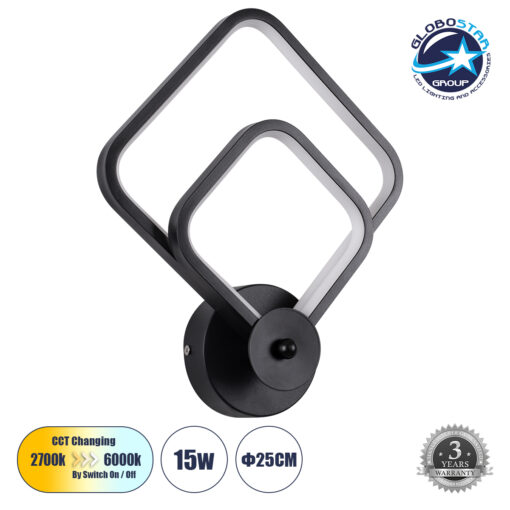 GloboStar® ANNA 61085 Φωτιστικό Τοίχου – Απλίκα Design LED CCT 15W 1800lm 300° AC 220-240V – Εναλλαγή Φωτισμού μέσω Διακόπτη On/Off All In One Ψυχρό 6000k+Φυσικό 4500k+Θερμό 2700k Μ25 x Π8 x Υ30cm – Μαύρο