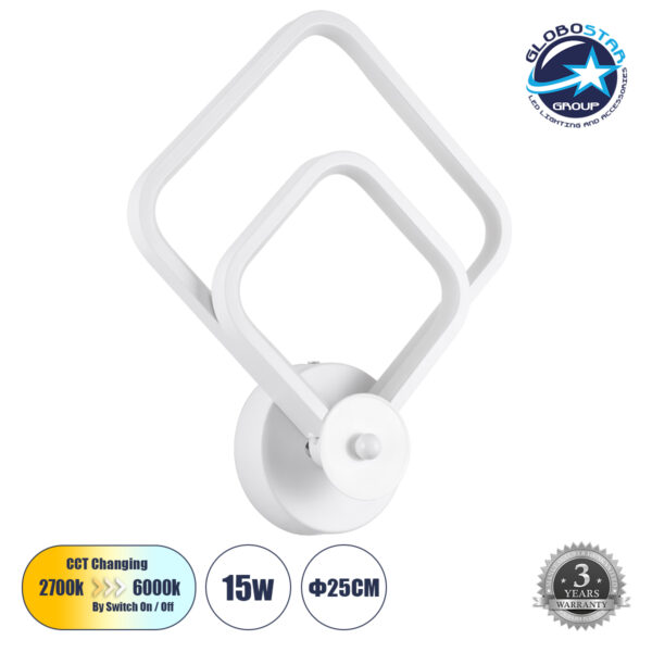 GloboStar® ANNA 61086 Φωτιστικό Τοίχου – Απλίκα Design LED CCT 15W 1800lm 300° AC 220-240V – Εναλλαγή Φωτισμού μέσω Διακόπτη On/Off All In One Ψυχρό 6000k+Φυσικό 4500k+Θερμό 2700k Μ25 x Π8 x Υ30cm – Λευκό