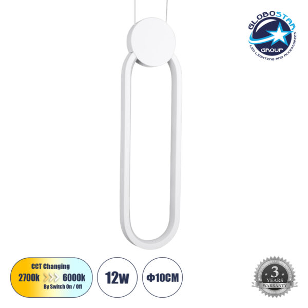 GloboStar® ILDI 61089 Κρεμαστό Φωτιστικό Οροφής Design LED CCT 12W 1440lm 300° AC 220-240V – Εναλλαγή Φωτισμού μέσω Διακόπτη On/Off All In One Ψυχρό 6000k+Φυσικό 4500k+Θερμό 2700k Μ10 x Π2.3 x Υ38cm – Λευκό