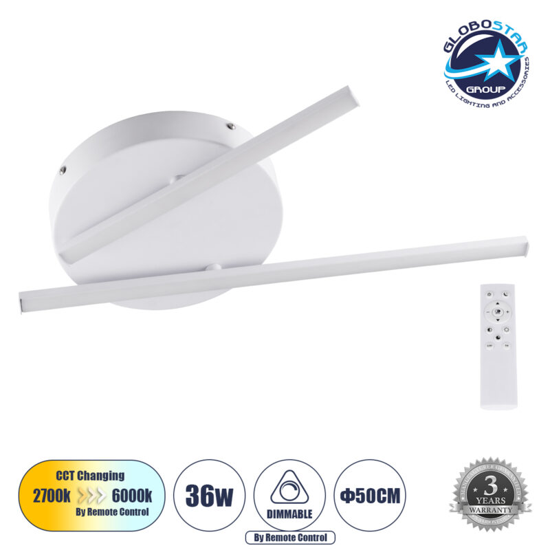 GloboStar® DRACO 61092 Φωτιστικό Οροφής Γραμμικό Linear Design LED CCT 36W 4428lm 120° AC 220-240V – Εναλλαγή Φωτισμού μέσω Τηλεχειριστηρίου All In One Ψυχρό 6000k+Φυσικό 4500k+Θερμό 2700k Dimmable Φ50 x Υ6cm – Λευκό – 3 Years Warranty