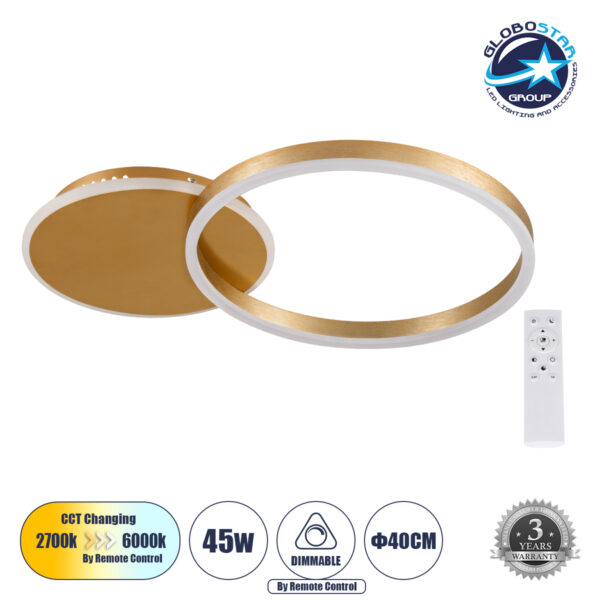 GloboStar® VENOM 61119 Φωτιστικό Οροφής Δαχτυλίδι-Κύκλος LED CCT 45W 5445lm 360° AC 220-240V – Εναλλαγή Φωτισμού μέσω Τηλεχειριστηρίου All In One Ψυχρό 6000k+Φυσικό 4500k+Θερμό 2700k Dimmable Φ40cm+BackLight – Χρυσό Βούρτσας – 3 Years Warranty