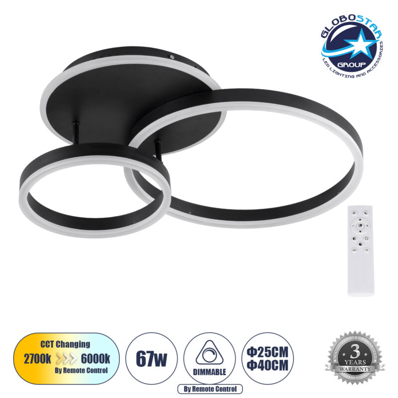 GloboStar® VENOM 61120 Φωτιστικό Οροφής Δαχτυλίδι-Κύκλος LED CCT 67W 8107lm 360° AC 220-240V – Εναλλαγή Φωτισμού μέσω Τηλεχειριστηρίου All In One Ψυχρό 6000k+Φυσικό 4500k+Θερμό 2700k Dimmable Φ25+40cm+BackLight – Μαύρο – 3 Years Warranty