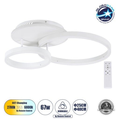 GloboStar® VENOM 61121 Φωτιστικό Οροφής Δαχτυλίδι-Κύκλος LED CCT 67W 8107lm 360° AC 220-240V – Εναλλαγή Φωτισμού μέσω Τηλεχειριστηρίου All In One Ψυχρό 6000k+Φυσικό 4500k+Θερμό 2700k Dimmable Φ25+40cm+BackLight – Λευκό – 3 Years Warranty