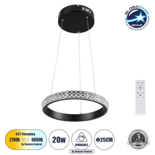 GloboStar® DIAMOND 61126 Κρεμαστό Φωτιστικό Δαχτυλίδι-Κύκλος LED CCT 20W 2356lm 360° AC 220-240V – Εναλλαγή Φωτισμού μέσω Τηλεχειριστηρίου All In One Ψυχρό 6000k+Φυσικό 4500k+Θερμό 2700k Dimmable Φ25cm – Μαύρο – 3 Years Warranty