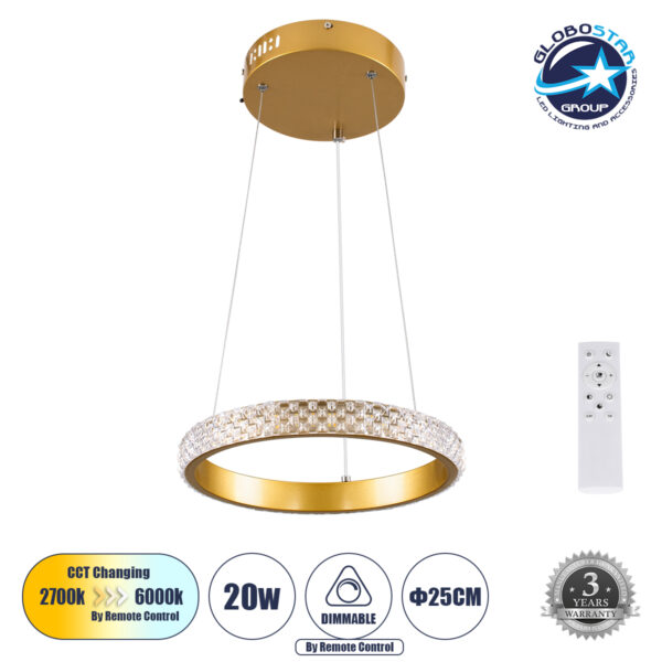 GloboStar® DIAMOND 61127 Κρεμαστό Φωτιστικό Δαχτυλίδι-Κύκλος LED CCT 20W 2356lm 360° AC 220-240V – Εναλλαγή Φωτισμού μέσω Τηλεχειριστηρίου All In One Ψυχρό 6000k+Φυσικό 4500k+Θερμό 2700k Dimmable Φ25cm – Χρυσό Βούρτσας – 3 Years Warranty