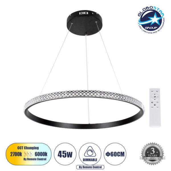 GloboStar® DIAMOND 61130 Κρεμαστό Φωτιστικό Δαχτυλίδι-Κύκλος LED CCT 45W 5230lm 360° AC 220-240V – Εναλλαγή Φωτισμού μέσω Τηλεχειριστηρίου All In One Ψυχρό 6000k+Φυσικό 4500k+Θερμό 2700k Dimmable Φ60cm – Μαύρο – 3 Years Warranty