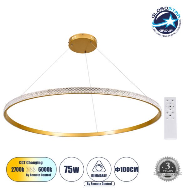 GloboStar® DIAMOND 61135 Κρεμαστό Φωτιστικό Δαχτυλίδι-Κύκλος LED CCT 75W 8743lm 360° AC 220-240V – Εναλλαγή Φωτισμού μέσω Τηλεχειριστηρίου All In One Ψυχρό 6000k+Φυσικό 4500k+Θερμό 2700k Dimmable Φ100cm – Χρυσό Βούρτσας – 3 Years Warranty