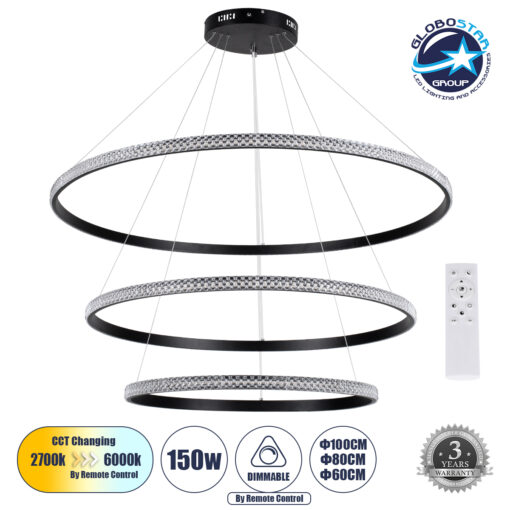 GloboStar® DIAMOND TRIO 61140 Κρεμαστό Φωτιστικό Δαχτυλίδι-Κύκλος LED CCT 150W 18379lm 360° AC 220-240V – Εναλλαγή Φωτισμού μέσω Τηλεχειριστηρίου All In One Ψυχρό 6000k+Φυσικό 4500k+Θερμό 2700k Dimmable Φ60+80+100cm – Μαύρο – 3 Years Warranty