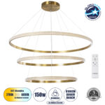 GloboStar® DIAMOND TRIO 61141 Κρεμαστό Φωτιστικό Δαχτυλίδι-Κύκλος LED CCT 150W 18379lm 360° AC 220-240V – Εναλλαγή Φωτισμού μέσω Τηλεχειριστηρίου All In One Ψυχρό 6000k+Φυσικό 4500k+Θερμό 2700k Dimmable Φ60+80+100cm – Χρυσό Βούρτσας – 3 Years Warranty