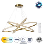 GloboStar® DIAMOND TRIO 61141-DECO Κρεμαστό Φωτιστικό Δαχτυλίδι-Κύκλος LED CCT 150W 18379lm 360° AC 220-240V – Εναλλαγή Φωτισμού μέσω Τηλεχειριστηρίου All In One Ψυχρό 6000k+Φυσικό 4500k+Θερμό 2700k Dimmable Φ60+80+100cm – Χρυσό Βούρτσας – 3 Years Warrant