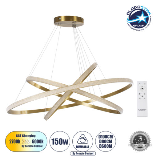 GloboStar® DIAMOND TRIO 61141-DECO Κρεμαστό Φωτιστικό Δαχτυλίδι-Κύκλος LED CCT 150W 18379lm 360° AC 220-240V – Εναλλαγή Φωτισμού μέσω Τηλεχειριστηρίου All In One Ψυχρό 6000k+Φυσικό 4500k+Θερμό 2700k Dimmable Φ60+80+100cm – Χρυσό Βούρτσας – 3 Years Warrant