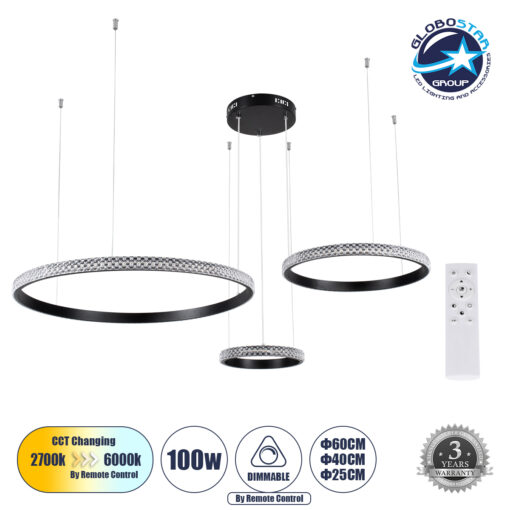 GloboStar® DIAMOND TRIO 61142 Κρεμαστό Φωτιστικό Δαχτυλίδι-Κύκλος LED CCT 100W 12123lm 360° AC 220-240V – Εναλλαγή Φωτισμού μέσω Τηλεχειριστηρίου All In One Ψυχρό 6000k+Φυσικό 4500k+Θερμό 2700k Dimmable Φ25+40+60cm – Μαύρο – 3 Years Warranty