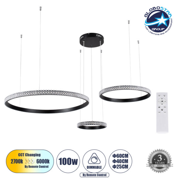 GloboStar® DIAMOND TRIO 61142 Κρεμαστό Φωτιστικό Δαχτυλίδι-Κύκλος LED CCT 100W 12123lm 360° AC 220-240V – Εναλλαγή Φωτισμού μέσω Τηλεχειριστηρίου All In One Ψυχρό 6000k+Φυσικό 4500k+Θερμό 2700k Dimmable Φ25+40+60cm – Μαύρο – 3 Years Warranty