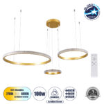 GloboStar® DIAMOND TRIO 61143 Κρεμαστό Φωτιστικό Δαχτυλίδι-Κύκλος LED CCT 100W 12123lm 360° AC 220-240V – Εναλλαγή Φωτισμού μέσω Τηλεχειριστηρίου All In One Ψυχρό 6000k+Φυσικό 4500k+Θερμό 2700k Dimmable Φ25+40+60cm – Χρυσό Βούρτσας – 3 Years Warranty
