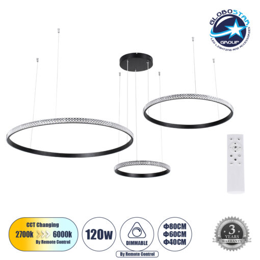 GloboStar® DIAMOND TRIO 61144 Κρεμαστό Φωτιστικό Δαχτυλίδι-Κύκλος LED CCT 120W 14723lm 360° AC 220-240V – Εναλλαγή Φωτισμού μέσω Τηλεχειριστηρίου All In One Ψυχρό 6000k+Φυσικό 4500k+Θερμό 2700k Dimmable Φ40+60+80cm – Μαύρο – 3 Years Warranty