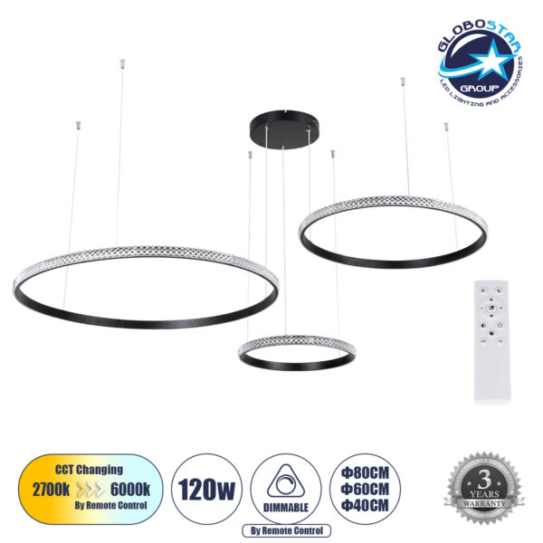 GloboStar® DIAMOND TRIO 61144 Κρεμαστό Φωτιστικό Δαχτυλίδι-Κύκλος LED CCT 120W 14723lm 360° AC 220-240V – Εναλλαγή Φωτισμού μέσω Τηλεχειριστηρίου All In One Ψυχρό 6000k+Φυσικό 4500k+Θερμό 2700k Dimmable Φ40+60+80cm – Μαύρο – 3 Years Warranty