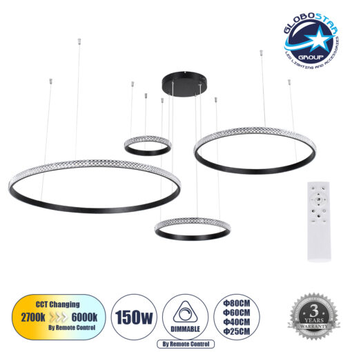 GloboStar® DIAMOND TETRA 61148 Κρεμαστό Φωτιστικό Δαχτυλίδι-Κύκλος LED CCT 150W 18379lm 360° AC 220-240V – Εναλλαγή Φωτισμού μέσω Τηλεχειριστηρίου All In One Ψυχρό 6000k+Φυσικό 4500k+Θερμό 2700k Dimmable Φ25+40+60+80cm – Μαύρο – 3 Years Warranty
