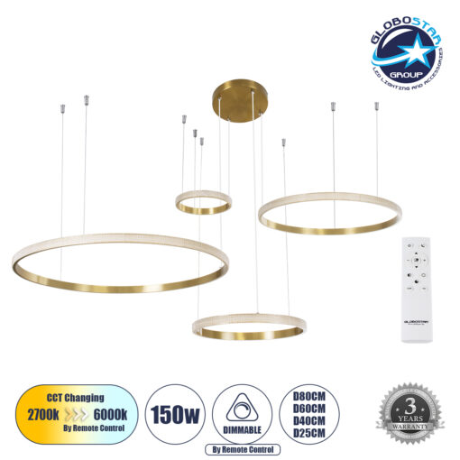 GloboStar® DIAMOND TETRA 61149 Κρεμαστό Φωτιστικό Δαχτυλίδι-Κύκλος LED CCT 150W 18379lm 360° AC 220-240V – Εναλλαγή Φωτισμού μέσω Τηλεχειριστηρίου All In One Ψυχρό 6000k+Φυσικό 4500k+Θερμό 2700k Dimmable Φ25+40+60+80cm – Χρυσό Βούρτσας – 3 Years Warranty