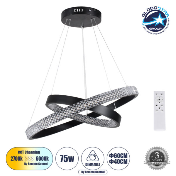 GloboStar® DIAMOND DUO 61150-DECO Κρεμαστό Φωτιστικό Δαχτυλίδι-Κύκλος LED CCT 75W 8743lm 360° AC 220-240V – Εναλλαγή Φωτισμού μέσω Τηλεχειριστηρίου All In One Ψυχρό 6000k+Φυσικό 4500k+Θερμό 2700k Dimmable Φ40+60cm – Μαύρο – 3 Years Warranty