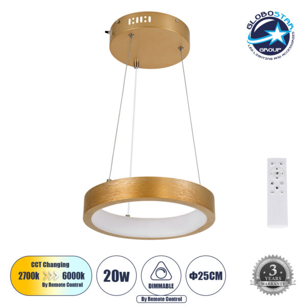 GloboStar® NEMESIS 61154 Κρεμαστό Φωτιστικό Δαχτυλίδι-Κύκλος LED CCT 20W 2356lm 360° AC 220-240V – Εναλλαγή Φωτισμού μέσω Τηλεχειριστηρίου All In One Ψυχρό 6000k+Φυσικό 4500k+Θερμό 2700k Dimmable Φ25cm – Χρυσό Βούρτσας – 3 Years Warranty